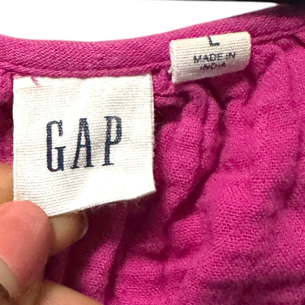 Gap Crinkle Gauze Tiered V-Neck Dress Cotton Pockets Fuschia Pink L - Picture 7 of 11